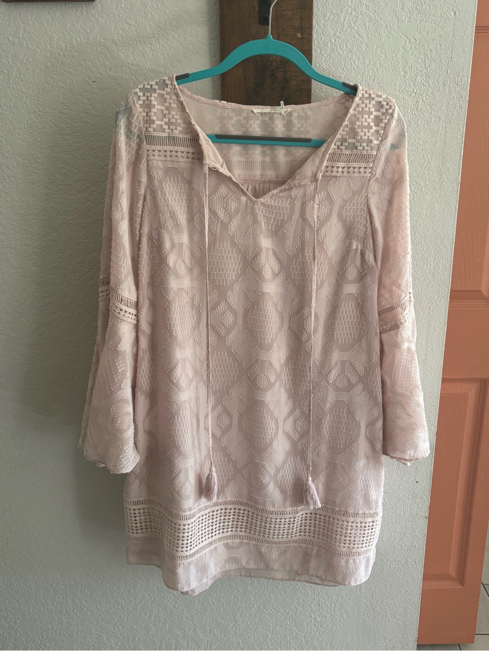 Anthropologie Blush Pink Lace-Trim Bell-Sleeve Dress - Picture 3 of 6